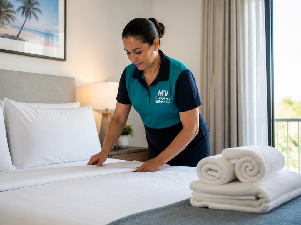 MV Cleaning Services cleaner making a bed with fresh linens in a rental