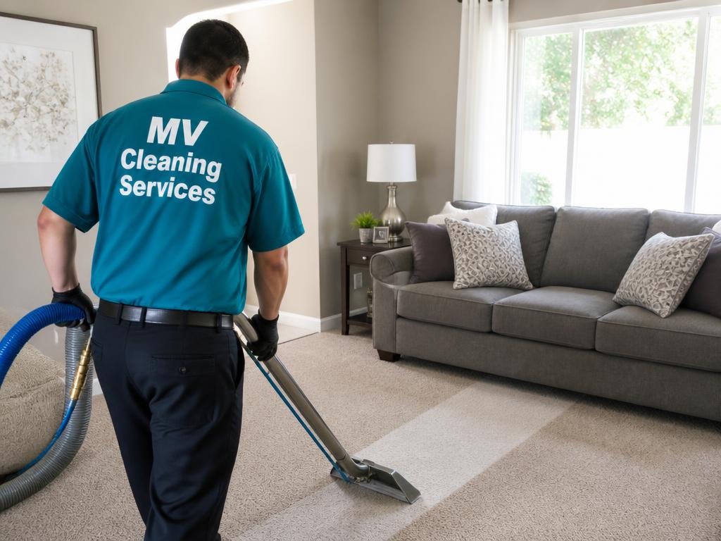 MV Cleaning Services technician extracting a living room carpet