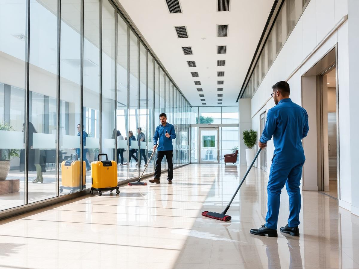Commercial janitorial cleaning in a modern office lobby