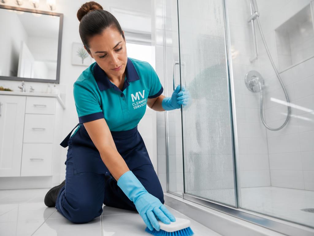 MV Cleaning Services cleaner deep cleaning a white tiled bathroom