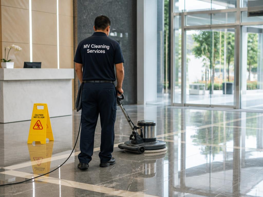 MV Cleaning Services worker buffing a polished lobby floor