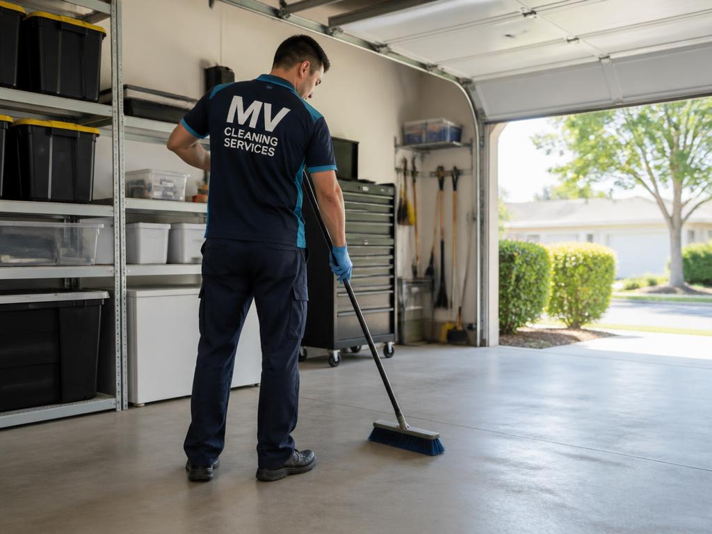 MV Cleaning Services worker sweeping a tidy residential garage