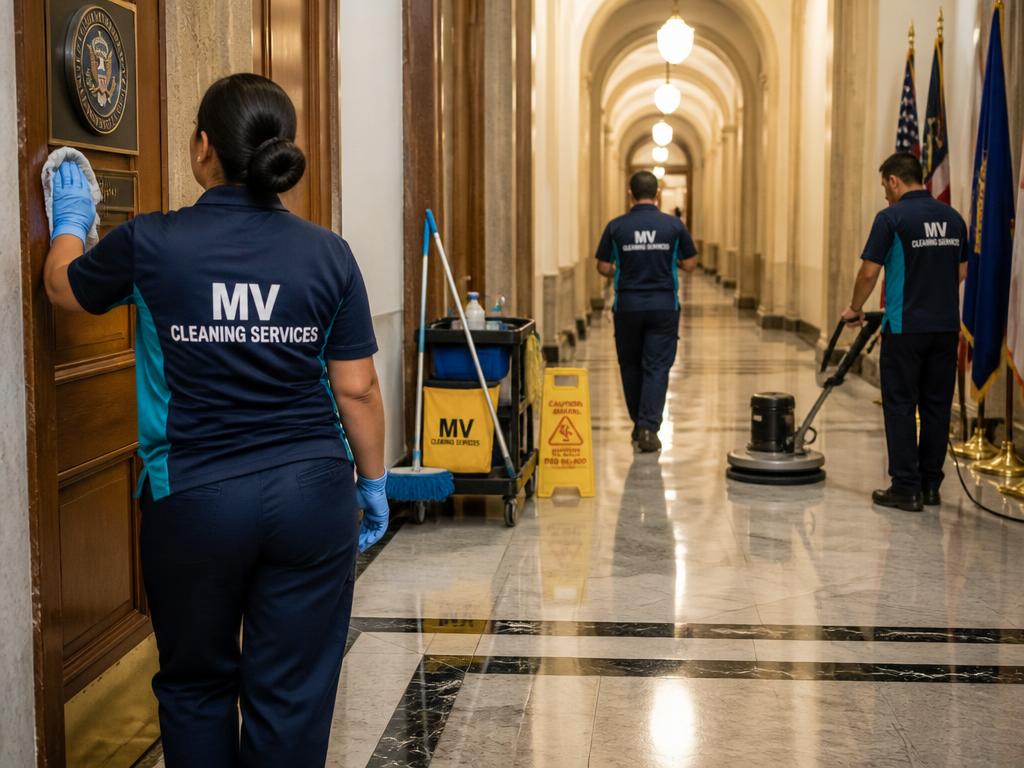 Uniformed MV Cleaning Services team cleaning a government building corridor