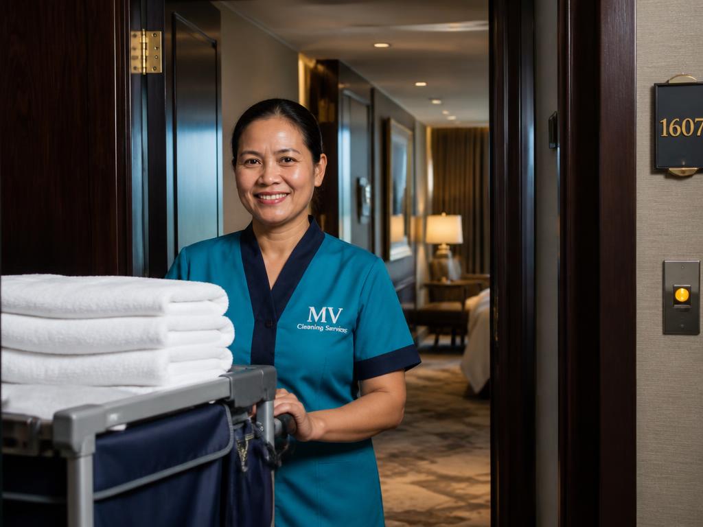MV Cleaning Services housekeeper with a linen cart in a hotel corridor