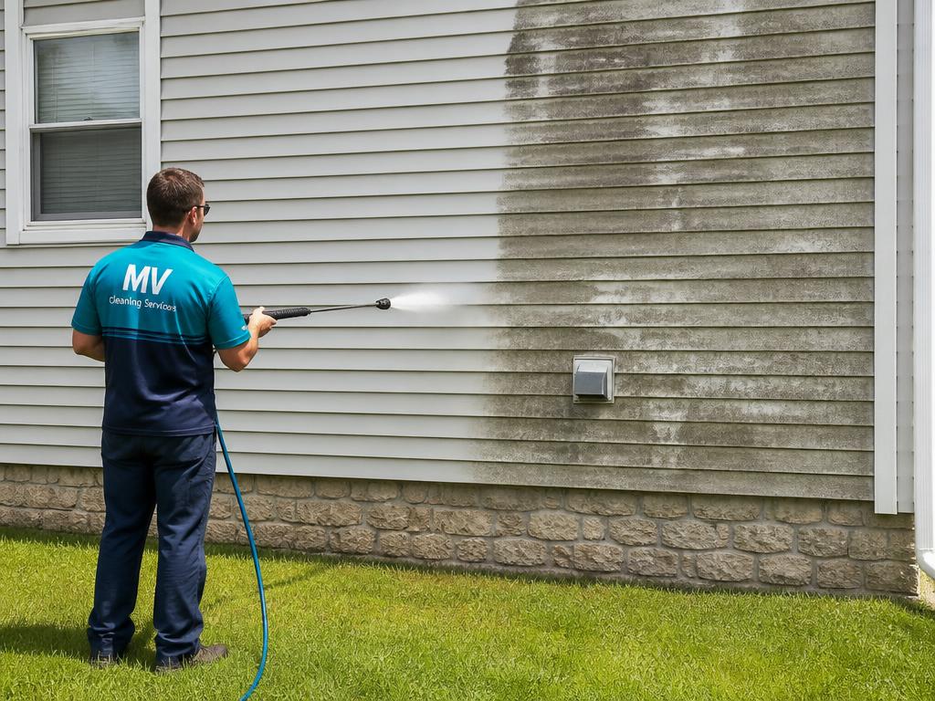 MV Cleaning Services worker soft washing house siding