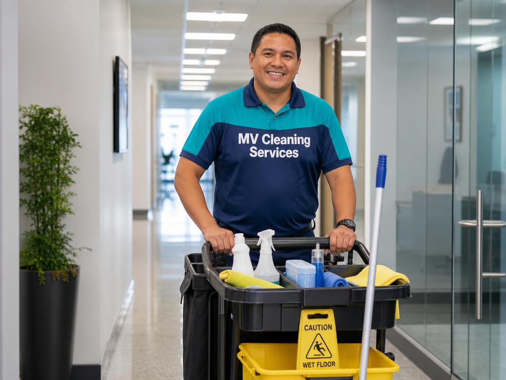 MV Cleaning Services janitor with a cleaning cart in an office hallway