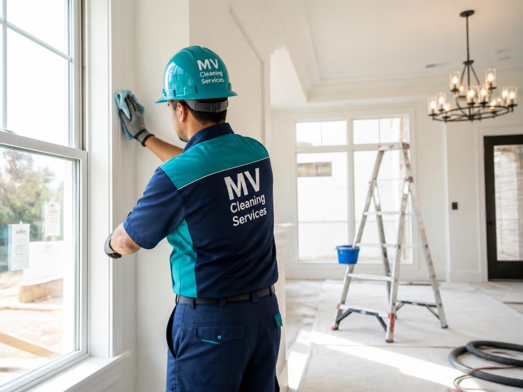 MV Cleaning Services worker cleaning construction dust in a new home