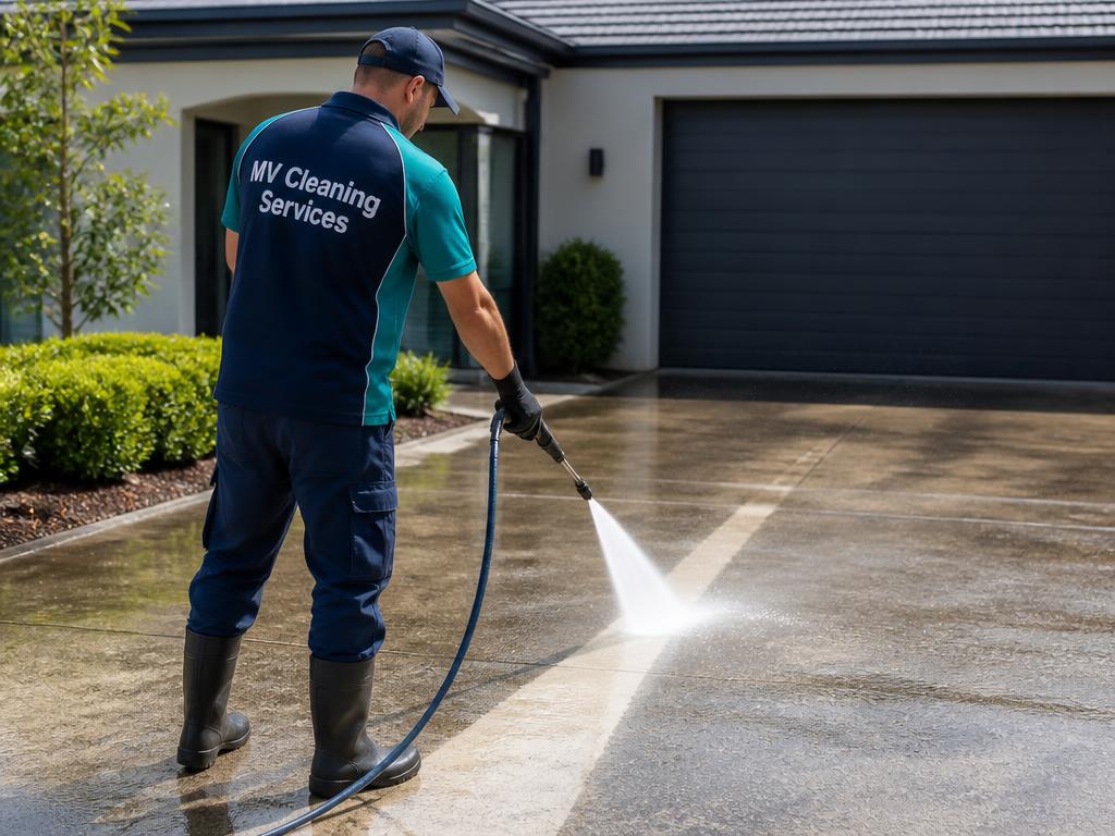 MV Cleaning Services worker pressure washing a concrete driveway