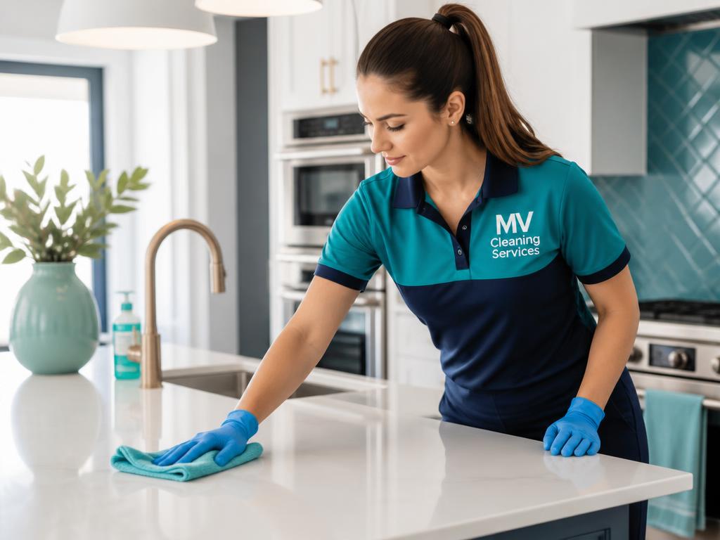 MV Cleaning Services cleaner in branded uniform cleaning a modern kitchen