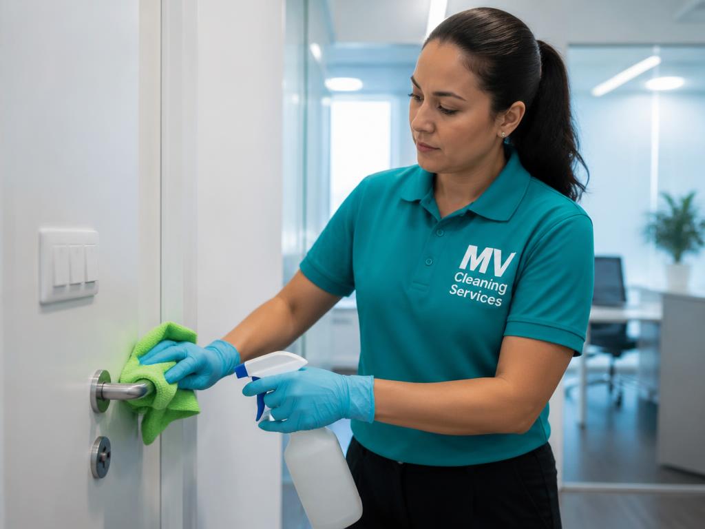 MV Cleaning Services cleaner disinfecting a door handle in an office