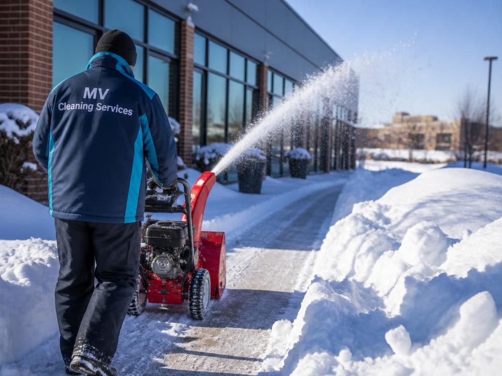 MV Cleaning Services worker clearing snow from a commercial walkway