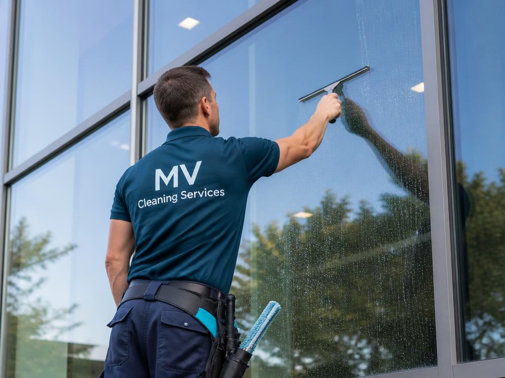 MV Cleaning Services window cleaner squeegeeing a large glass panel