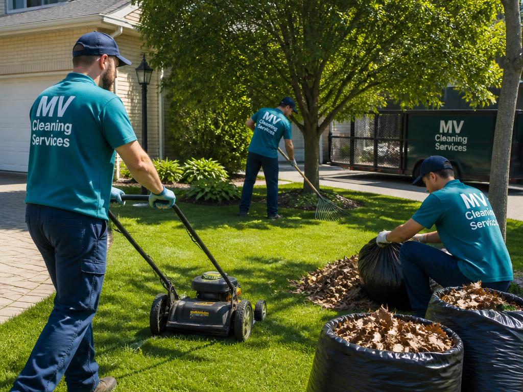 MV Cleaning Services crew mowing and cleaning up a suburban yard